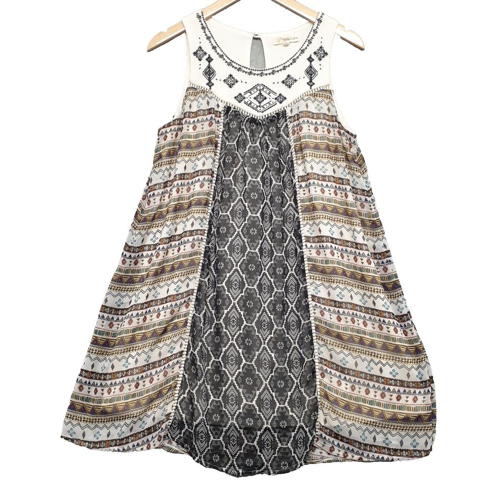 Rewind Woman Sz L Lined Sleeveless Tunic Tank Aztec Print Boho Embroidered Y2K